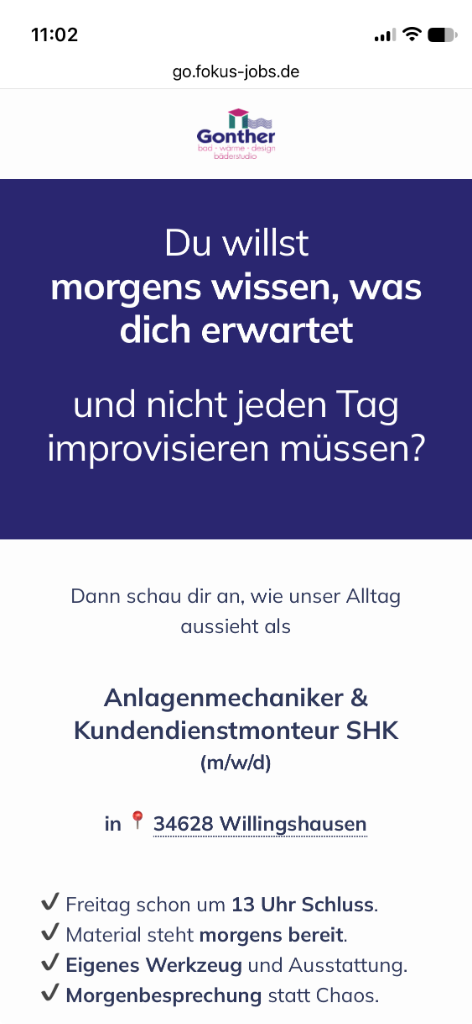 Recruiting-Landingpage für Anlagenmechaniker SHK bei Gonther auf dem Smartphone